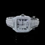 Fully Iced Out White Roman Dial Block Link Strap Moissanite Watch Front Profile View