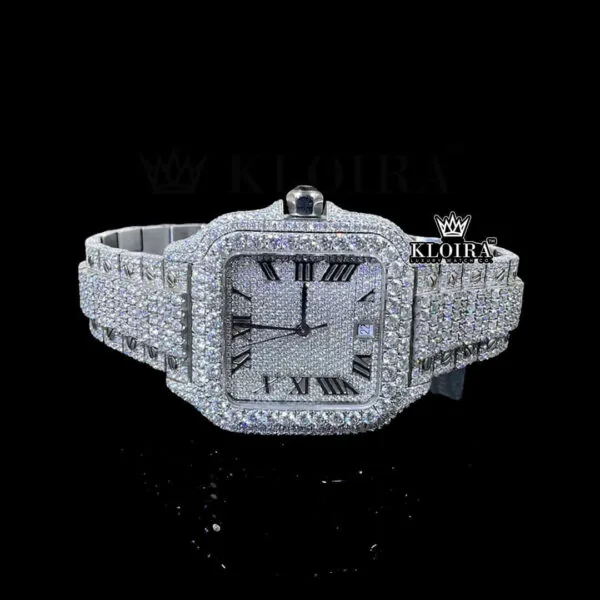 Fully Iced Out White Roman Dial Block Link Strap Moissanite Watch Front Profile View