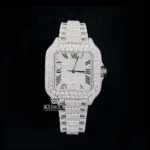 Cartior Fully Iced Out Moissanite Watch with White Roman Dial and Block Link Strap
