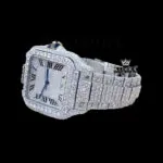 Fully Iced Out White Roman Dial Block Link Strap Moissanite Watch Left Profile View