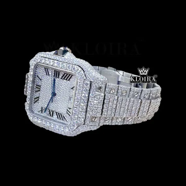 Fully Iced Out White Roman Dial Block Link Strap Moissanite Watch Left Profile View