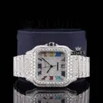 Fully Iced Rainbow Roman Numerals White Dial Moissanite Diamonds Watch Front Close Up View