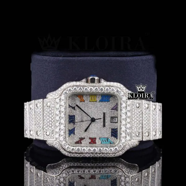 Fully Iced Rainbow Roman Numerals White Dial Moissanite Diamonds Watch Front Close Up View