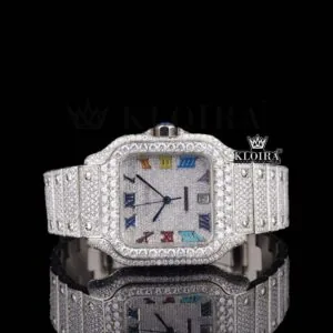 Cartior Fully Iced Rainbow Roman Numerals Moissanite Watch
