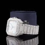 Fully Iced Rainbow Roman Numerals White Dial Moissanite Diamonds Watch Left Profile View