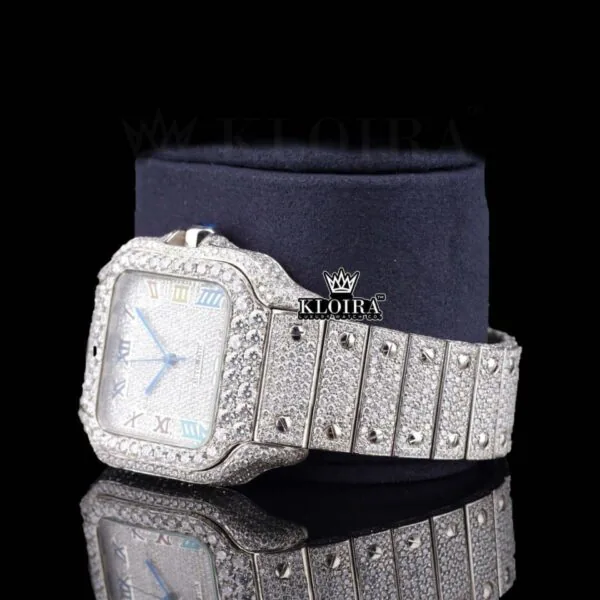 Fully Iced Rainbow Roman Numerals White Dial Moissanite Diamonds Watch Left Profile View