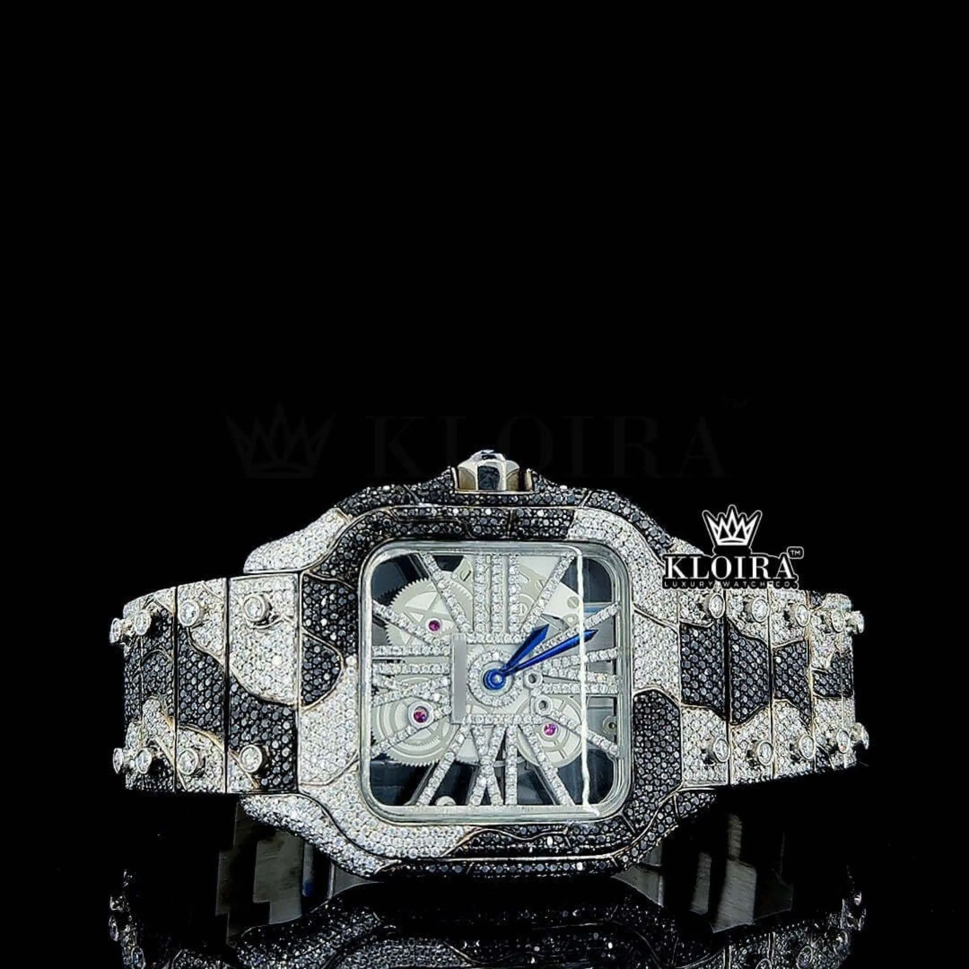 Cartior Fully Iced Skeleton Dial Two Tone Moissanite Watch with blue hands and camo accents