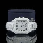 Fully Iced Square White Dial Roman Numerals Moissanite Diamond Watch Close Up Front View