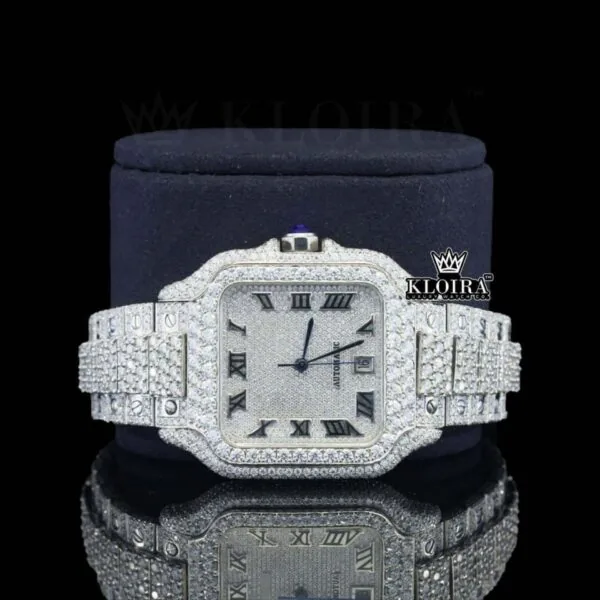Fully Iced Square White Dial Roman Numerals Moissanite Diamond Watch Close Up Front View