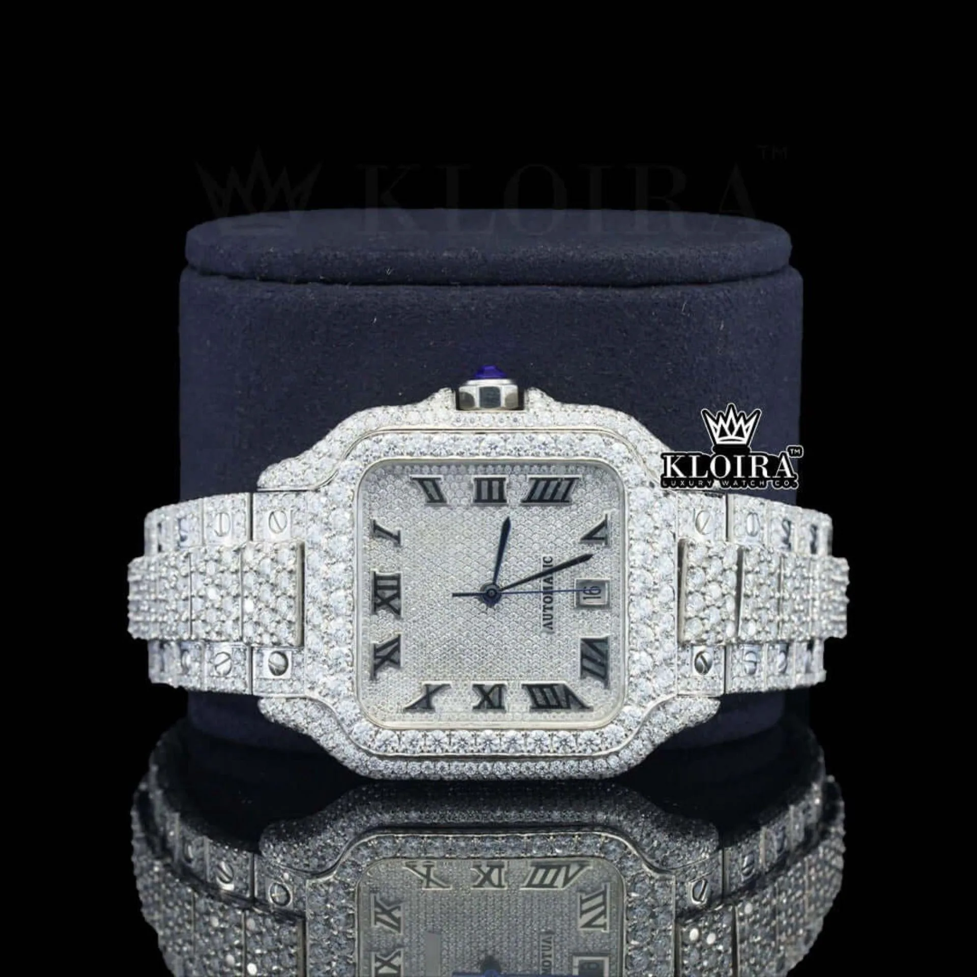 Fully Iced Square White Dial Roman Numerals Moissanite Diamond Watch Close Up Front View