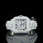 Cartior Fully Iced Square White Dial Moissanite Watch with Roman Numerals
