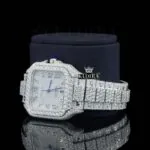 Fully Iced Square White Dial Roman Numerals Moissanite Diamond Watch Left Profile View