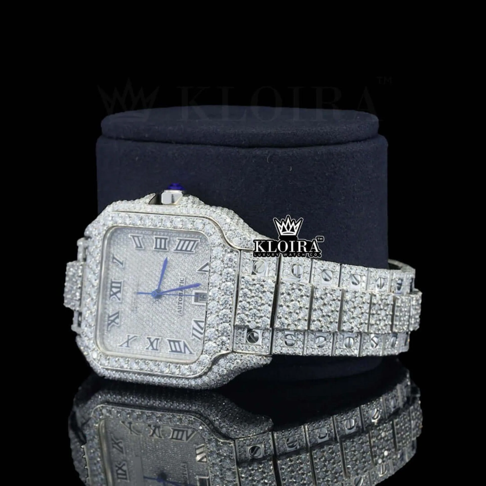 Fully Iced Square White Dial Roman Numerals Moissanite Diamond Watch Left Profile View