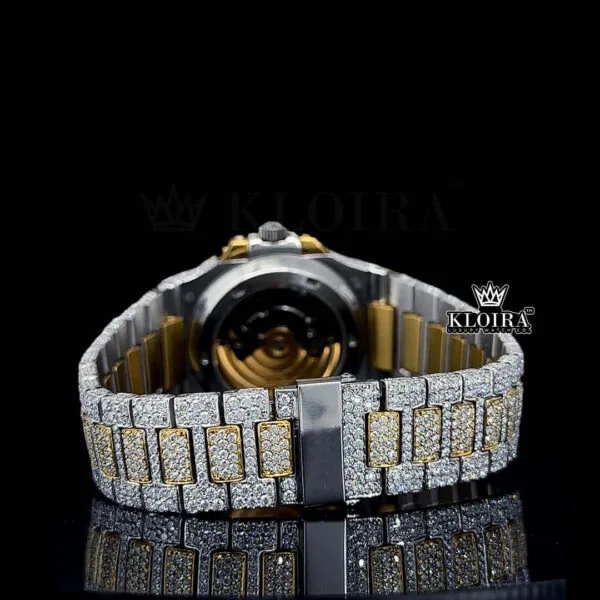 Fully Iced Two-Tone Yellow Gold Moissanite Diamond Watch Caseback View