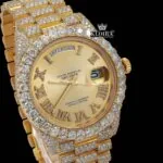 Gold Roman Numeral Watch Moissanite Diamond 14K Gold VVS 20 Carat 42mm Close Up Dial View