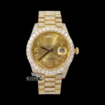 Roles Yellow Dial Roman Numerals Moissanite Watch with 14K Gold Plating and Iced Out Design