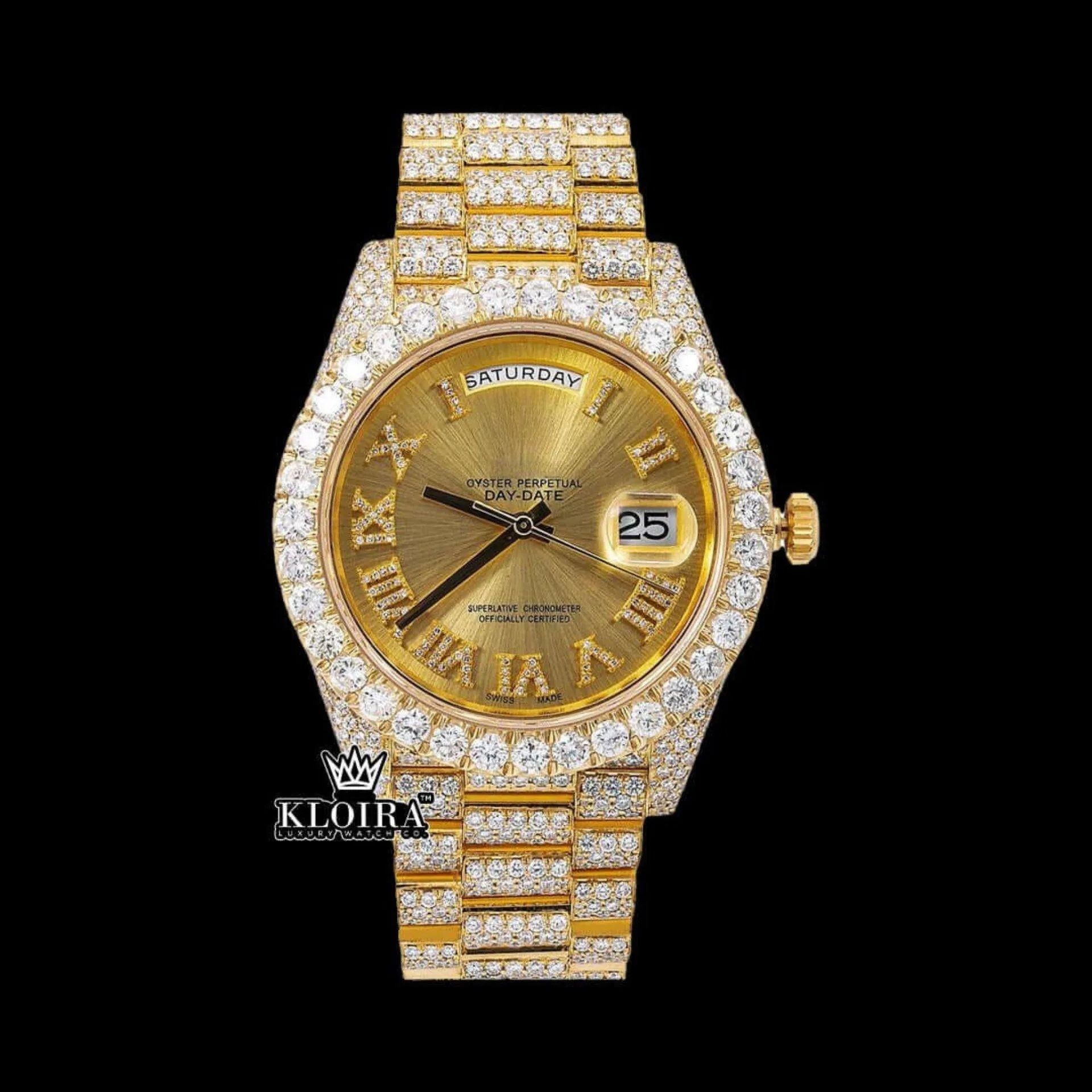 Roles Yellow Dial Roman Numerals Moissanite Watch with 14K Gold Plating and Iced Out Design