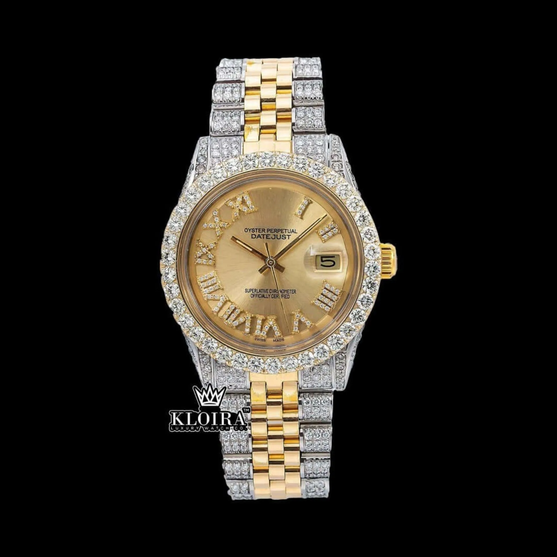 Gold Roman Numerals Yellow Dial Two Tone Moissanite Diamond Watch with yellow dial and gold accents