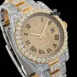 Gold Silver Two Tone Roman Numerals Moissanite Diamond Watch Close Up Dial View