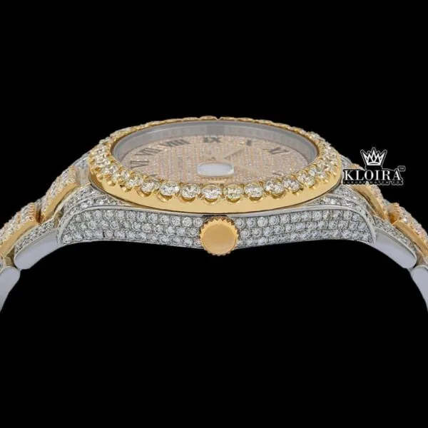 Gold Silver Two Tone Roman Numerals Moissanite Diamond Watch Crown View