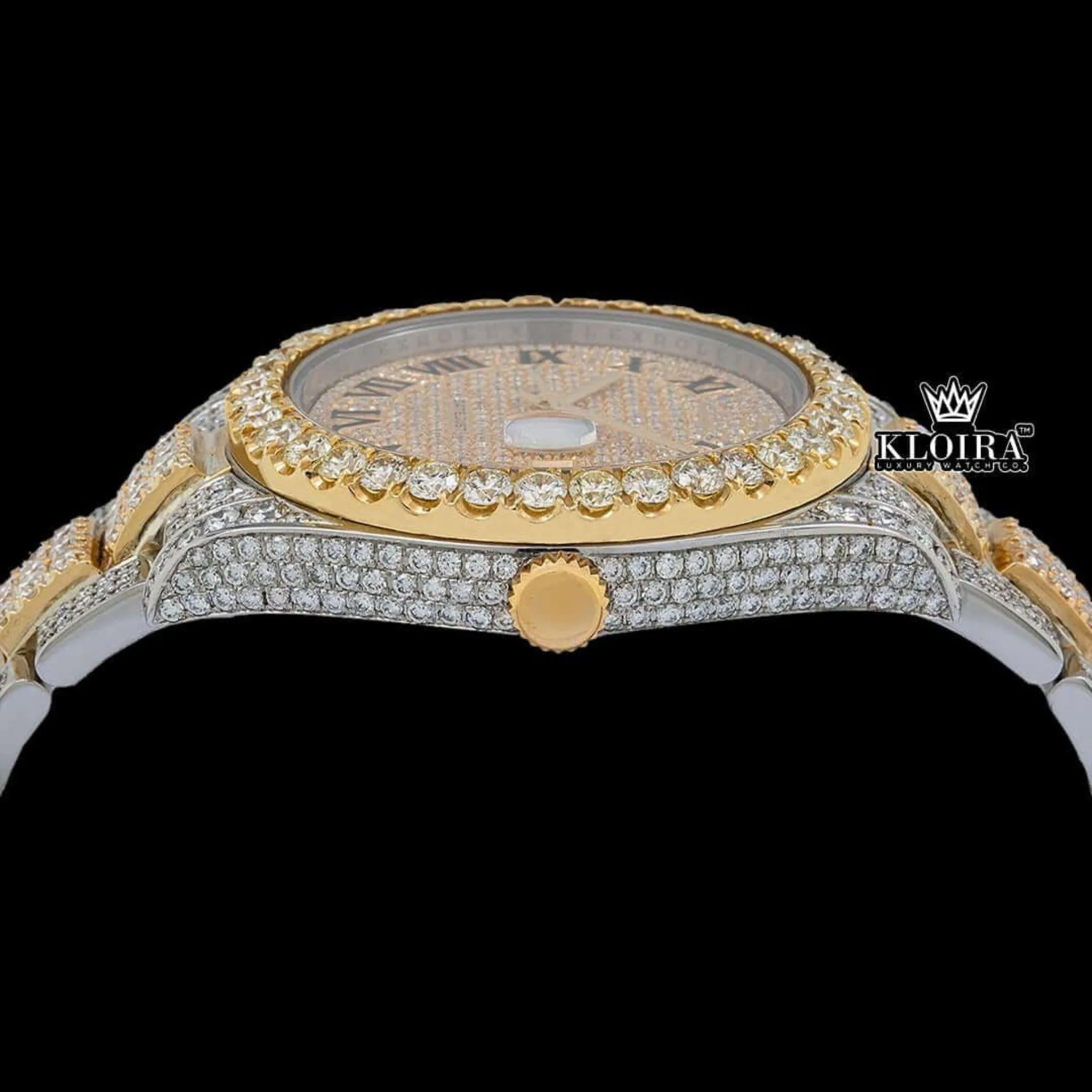 Gold Silver Two Tone Roman Numerals Moissanite Diamond Watch Crown View