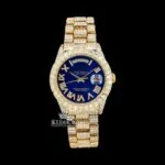 Roles Gold Tone Day-Date Moissanite Watch with Blue Roman Dial and Iced Out Design