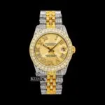 Roles Oyster Perpetual Moissanite Diamond Watch with Yellow Gold Dial and Roman Numerals