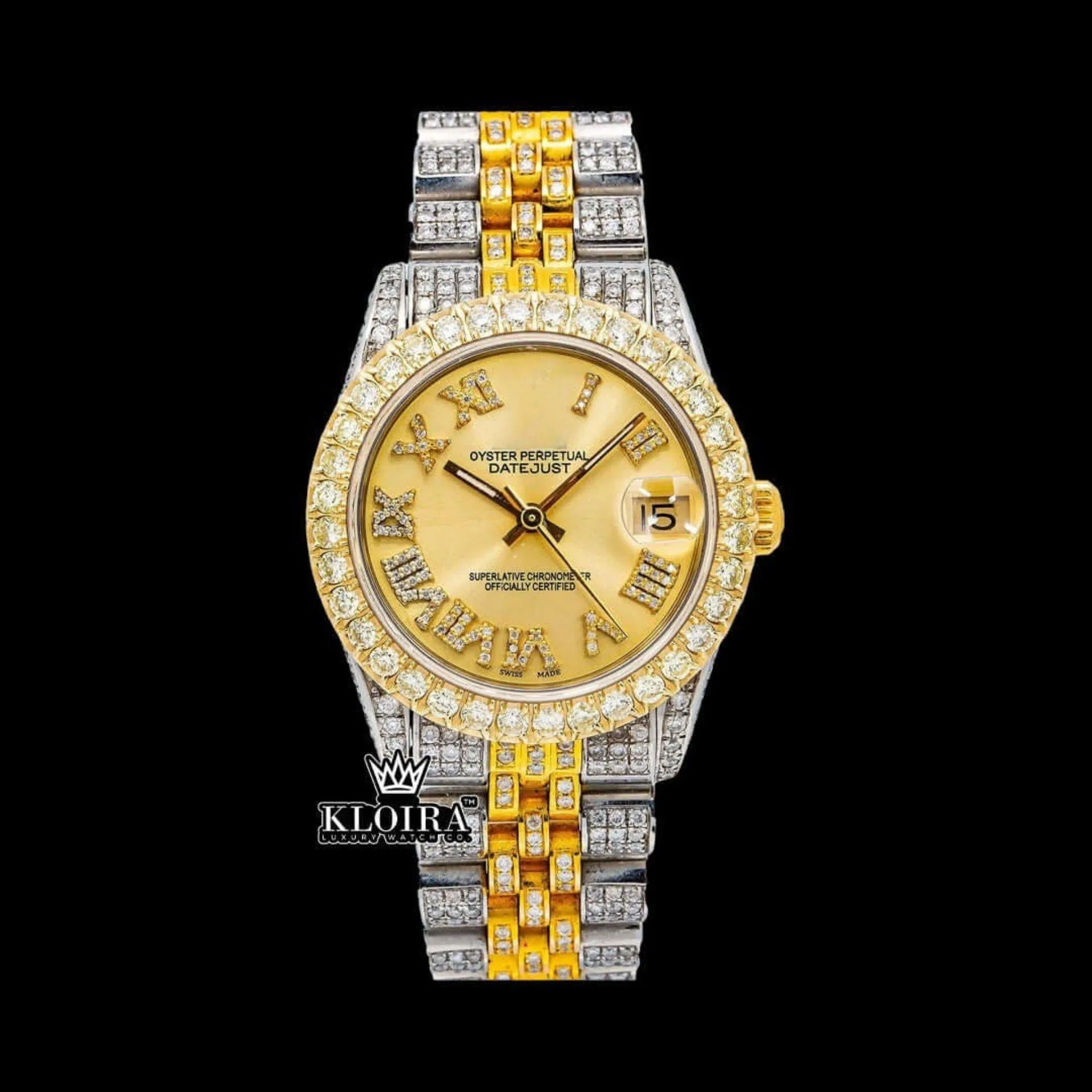 Roles Oyster Perpetual Moissanite Diamond Watch with Yellow Gold Dial and Roman Numerals