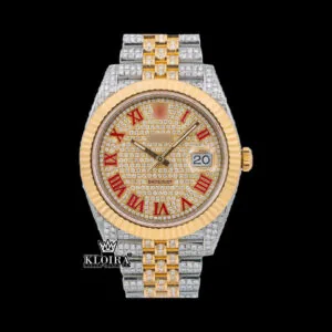 Two Tone Iced Out Roles Replica Red Roman Numeral Moissanite Watch