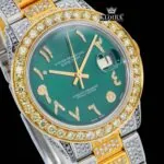 Green Arabic Dial Presidential Watch Moissanite Diamond 14K Gold 42mm Close Up Dial View