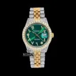 Roles Green Arabic Dial Moissanite Watch with Two-Tone Diamond Link Strap