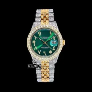 Roles Green Arabic Dial Moissanite Watch with Two-Tone Diamond Link Strap