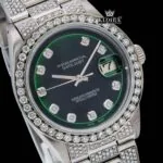 Green Dial Diamond Markers Iced Out Moissanite Diamond Watch Close Up Dial View