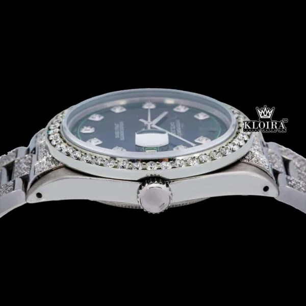 Green Dial Diamond Markers Iced Out Moissanite Diamond Watch Crown View