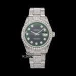 Roles Moissanite Watch with Green Dial and Diamond Markers Front View