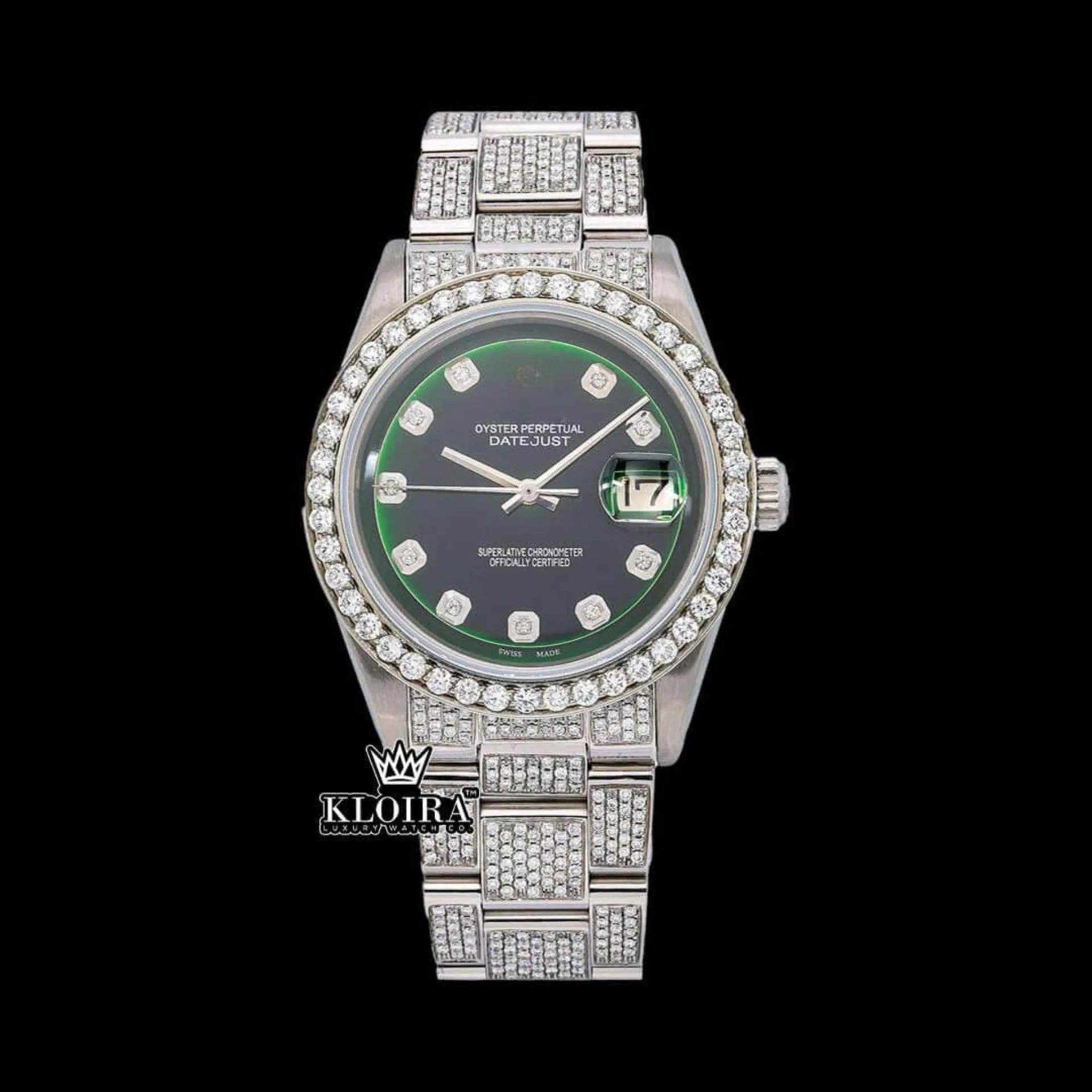 Roles Moissanite Watch with Green Dial and Diamond Markers Front View