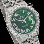 Green Dial Roman Numerals Iced Out Moissanite Diamond Watch Close Up Dial View