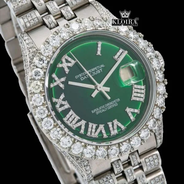 Green Dial Roman Numerals Iced Out Moissanite Diamond Watch Close Up Dial View