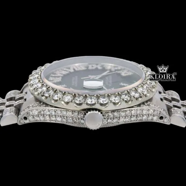 Green Dial Roman Numerals Iced Out Moissanite Diamond Watch Crown View
