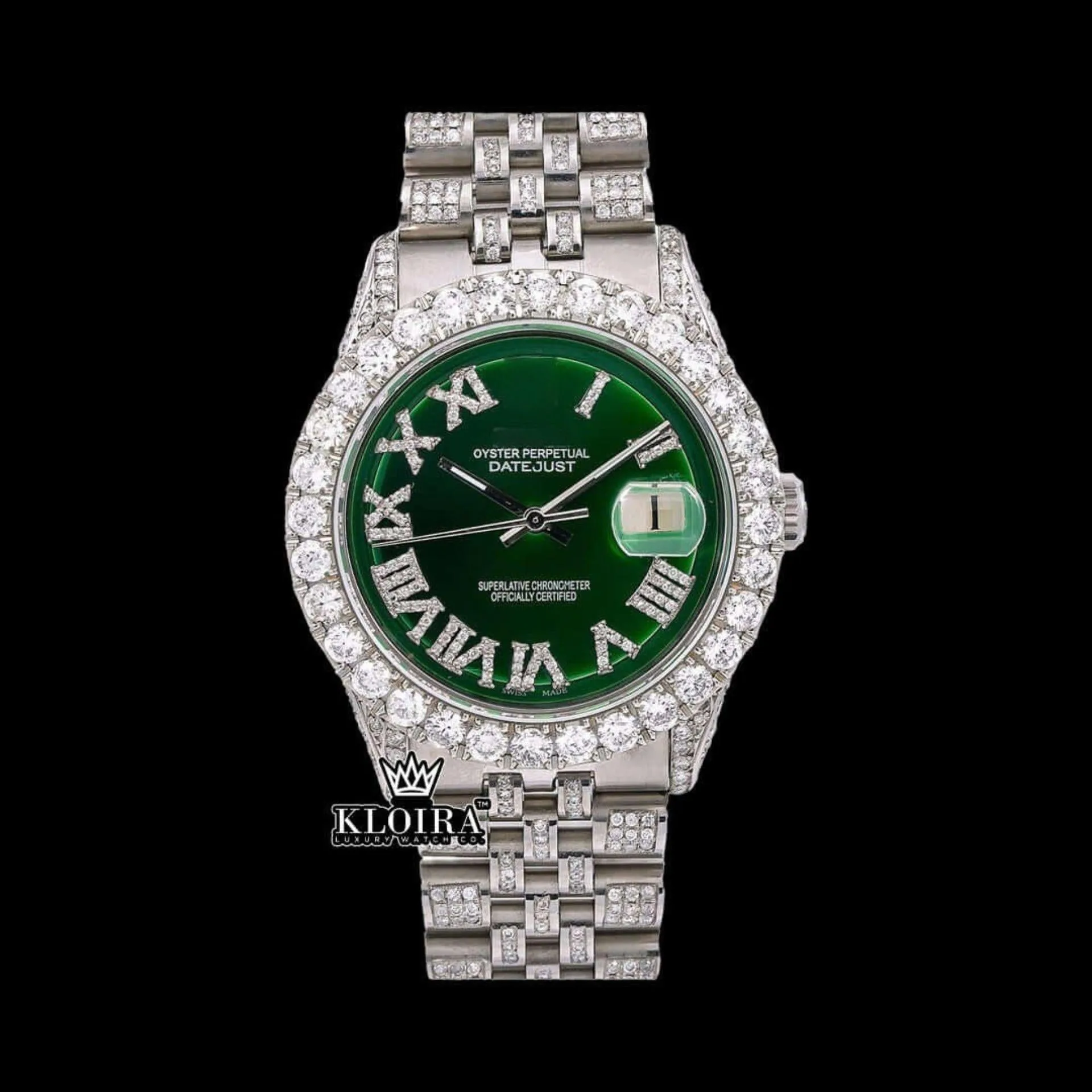 Roles Green Dial Roman Numerals Moissanite Diamond Watch with Iced Out Design