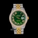 Roles Green Dial Roman Numerals Two Tone Yellow Gold Iced Out Moissanite Watch