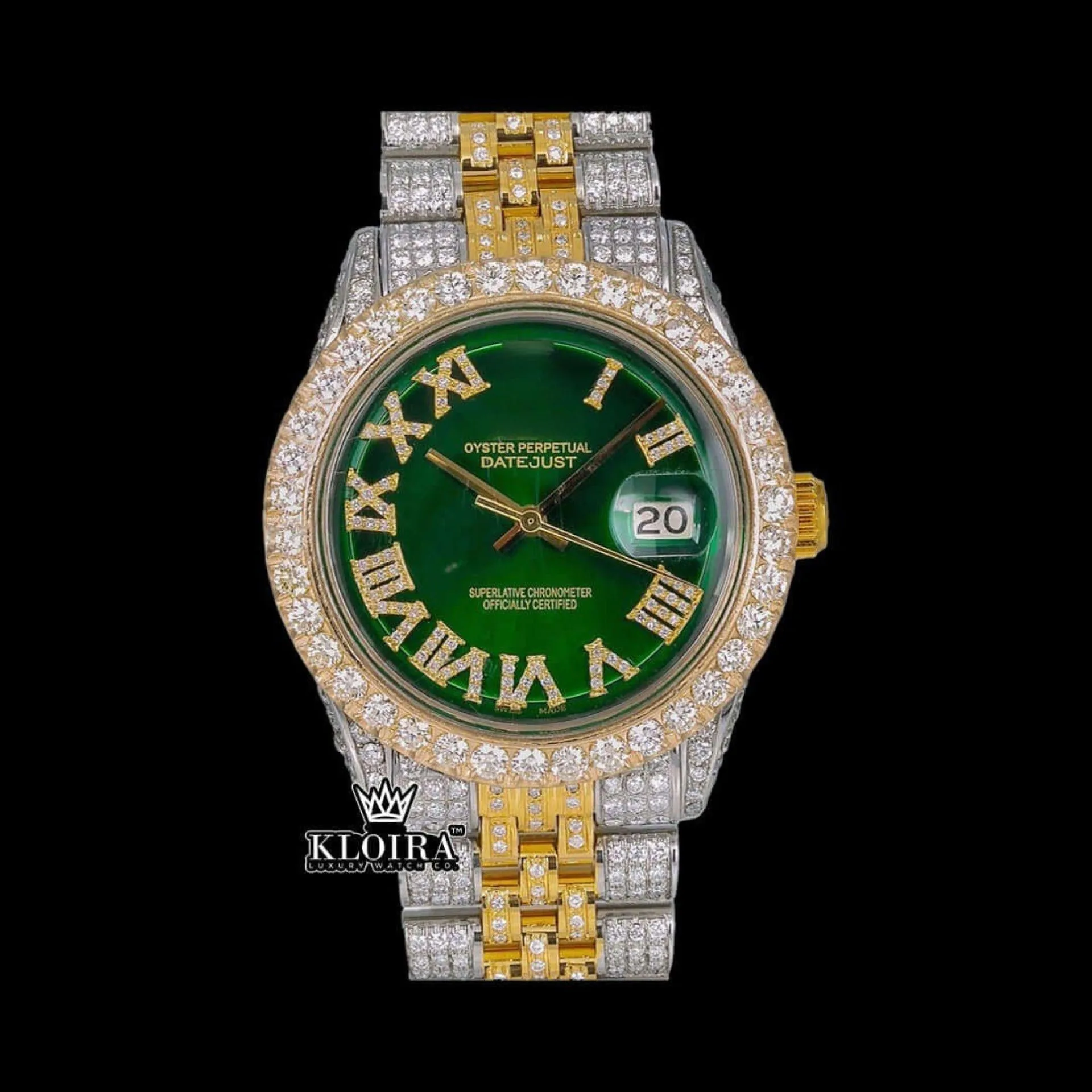 Roles Green Dial Roman Numerals Two Tone Yellow Gold Iced Out Moissanite Watch with green dial and yellow gold accents.