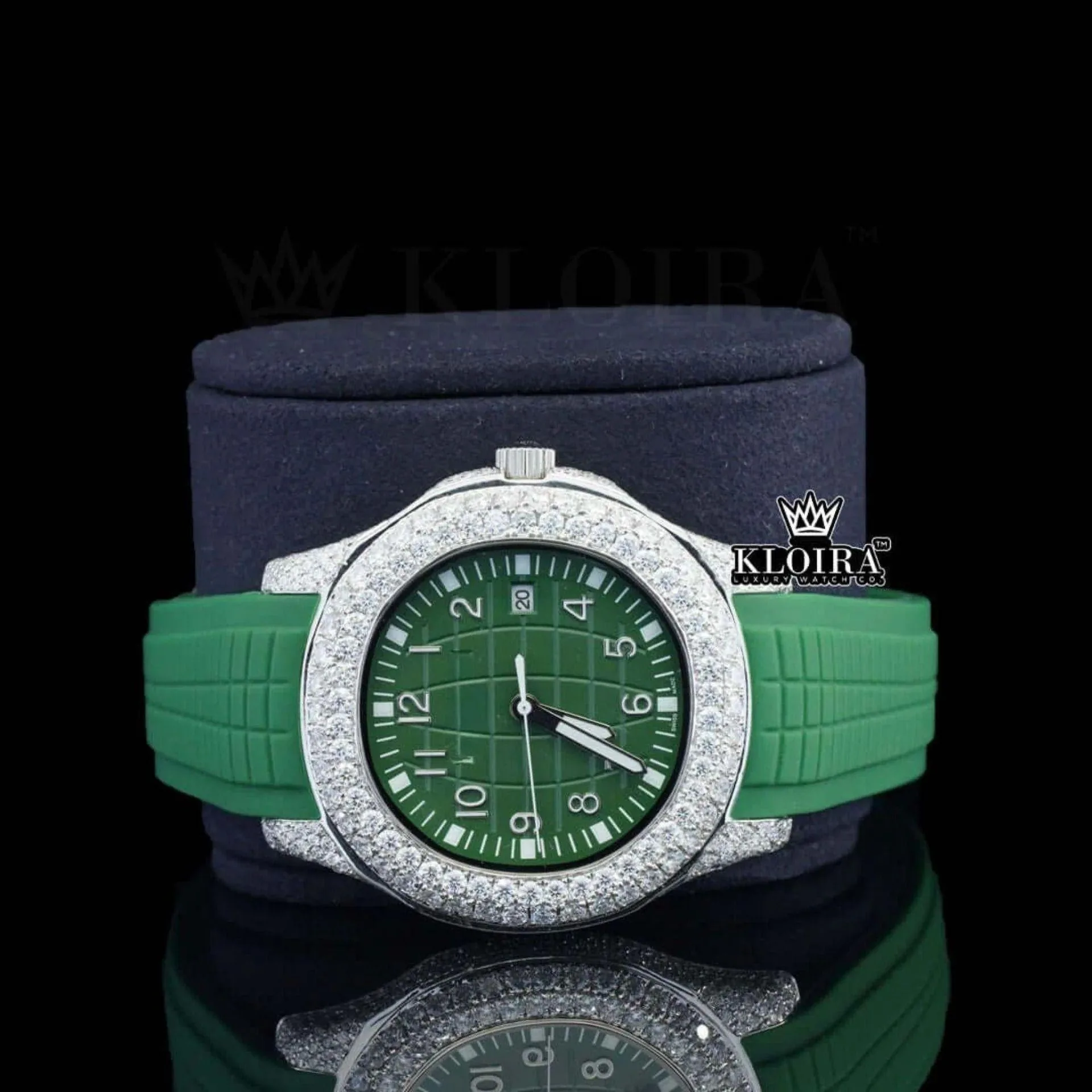 Green Dial Semi Iced Out Silicon Strap Lab Diamond Watch Close Up Front View