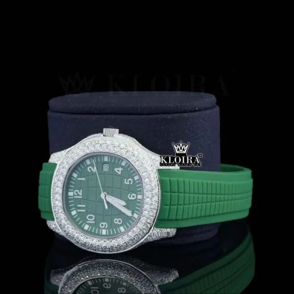 Green Dial Semi Iced Out Silicon Strap Lab Diamond Watch Left Profile View