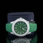 Green Dial Semi Iced Out Silicon Strap Moissanite Diamond Watch Close Up Front View