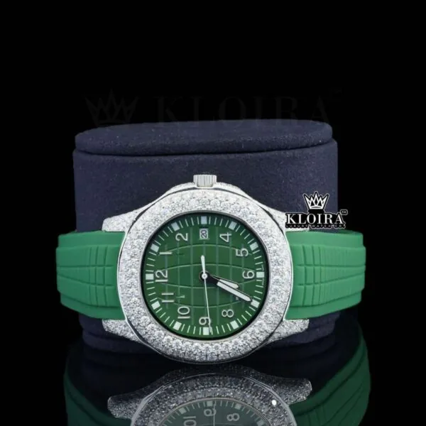 Green Dial Semi Iced Out Silicon Strap Moissanite Diamond Watch Close Up Front View