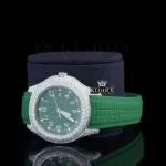 Green Dial Semi Iced Out Silicon Strap Moissanite Diamond Watch Left Profile View