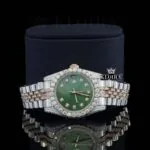 Green Dial Two Tone Rose Silver Moissanite Diamond Watch Close Up Front View