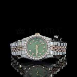 Roles Green Dial Two Tone Rose Silver Moissanite Watch