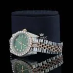 Green Dial Two Tone Rose Silver Moissanite Diamond Watch Left Profile View